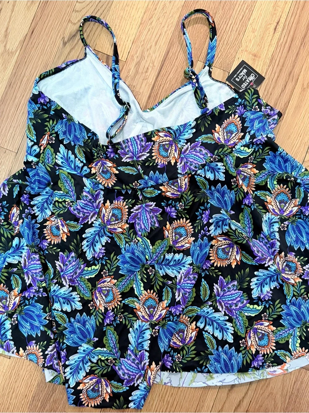 Swim Solutions Black Floral Bikini Top with Blue & Purple Print